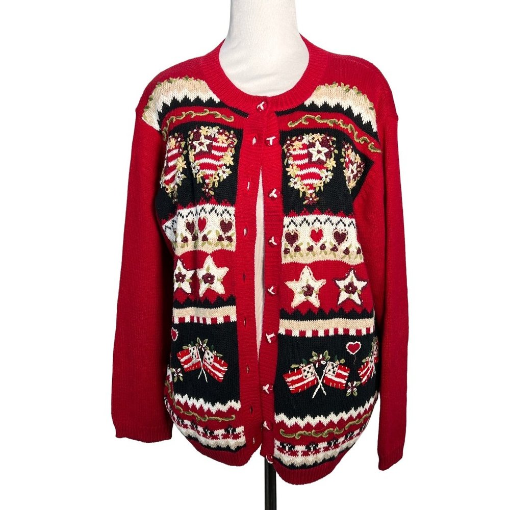 Heirloom Collectibles Cardigan Sweater Red Blue Patriotic Embroidered Vtg 90s